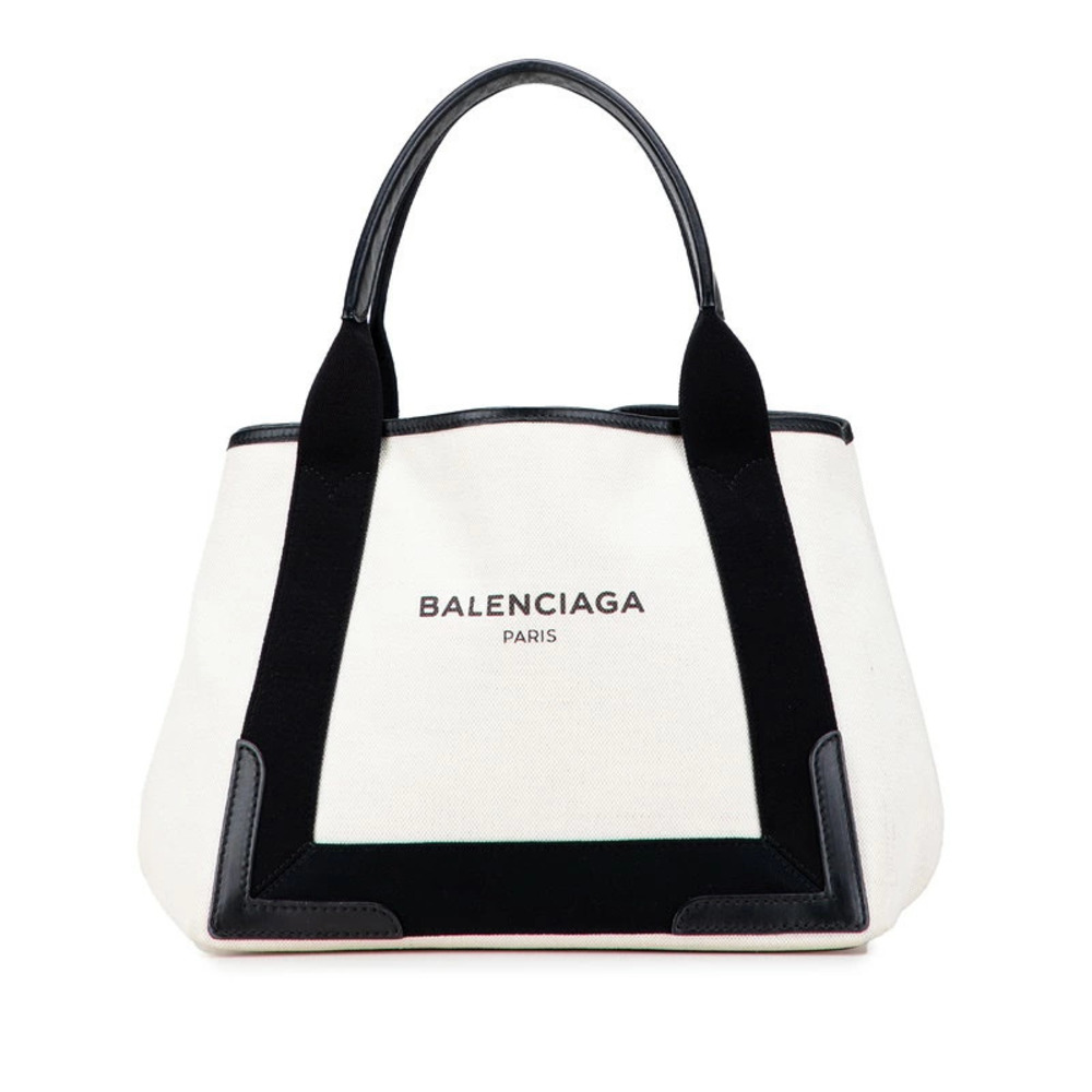Balenciaga Navy Blue Cabas Handbag Tote Bag Ivory White Black Canvas Leather
